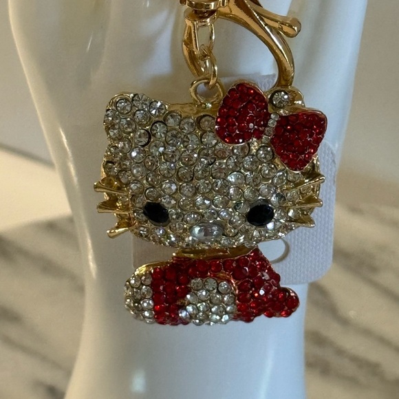 Sanrio Hello Kitty Keyring/Bag Charm Sparkling Rhinestones Golden Tone Red - Picture 2 of 8